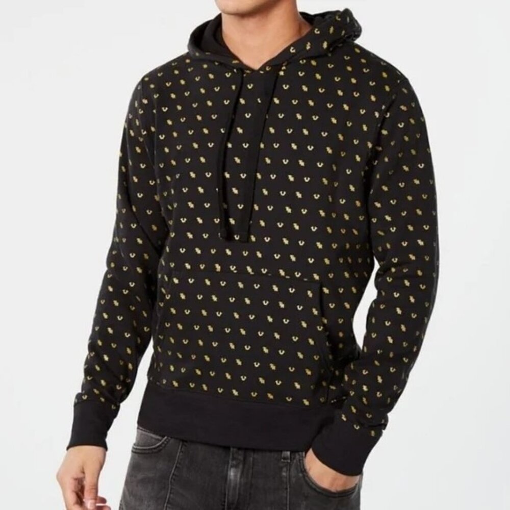 Mens True Reliion Black Gold Monogram Pullover Sweatshirt Large EUC Hoodie 7183